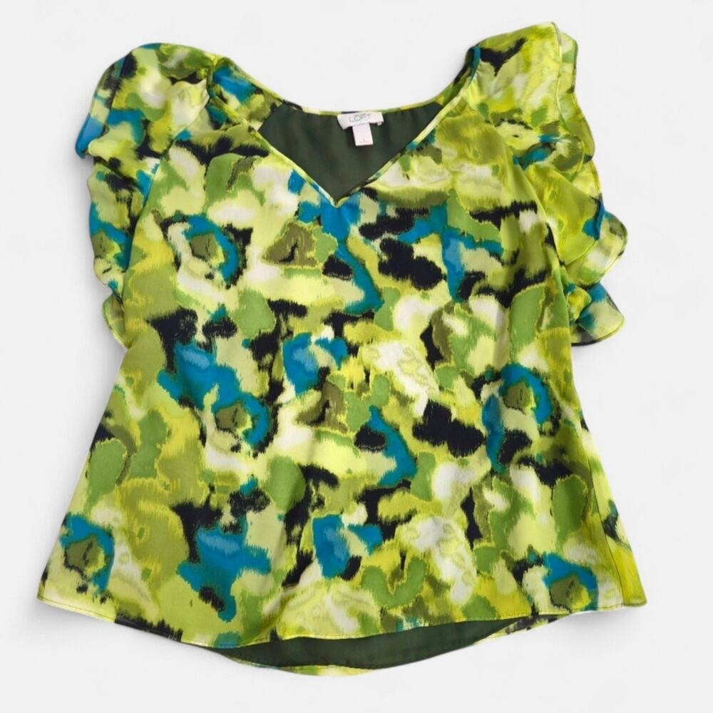 Ann Taylor LOFT Green And Blue Abstract Watercolor Print Feminine V-Neck Blouse
